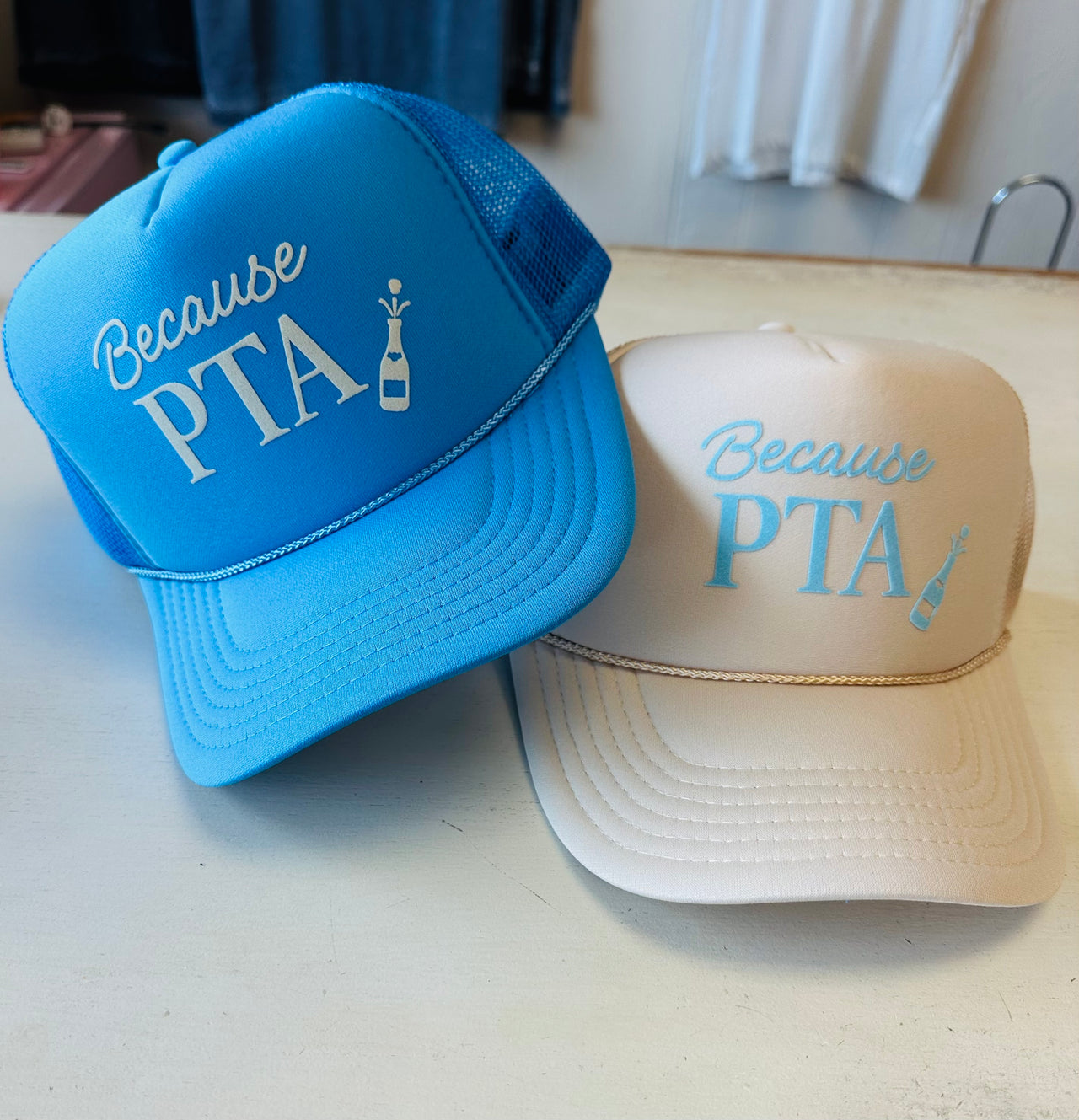 Because PTA (light blue velvet) - Tan Trucker Hat