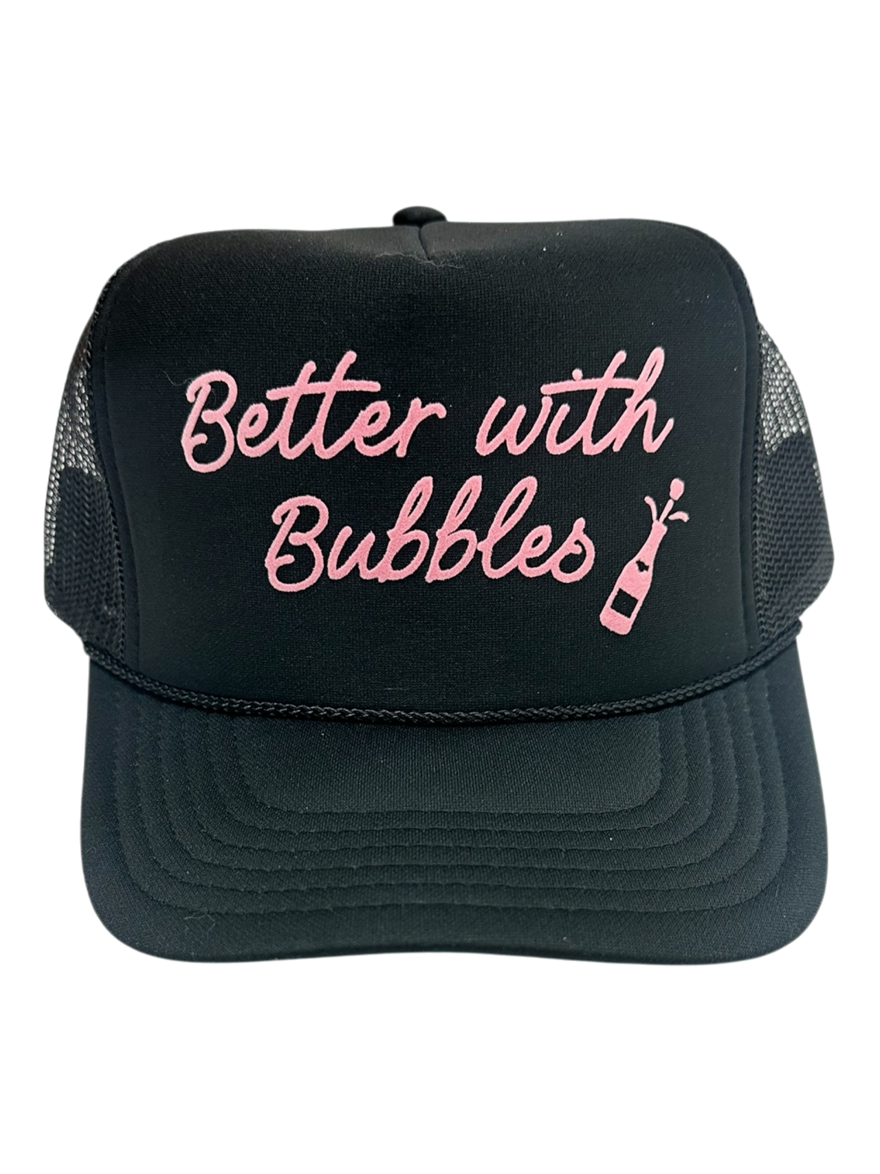 Better with Bubbles (pink velvet) - Black Trucker Hat