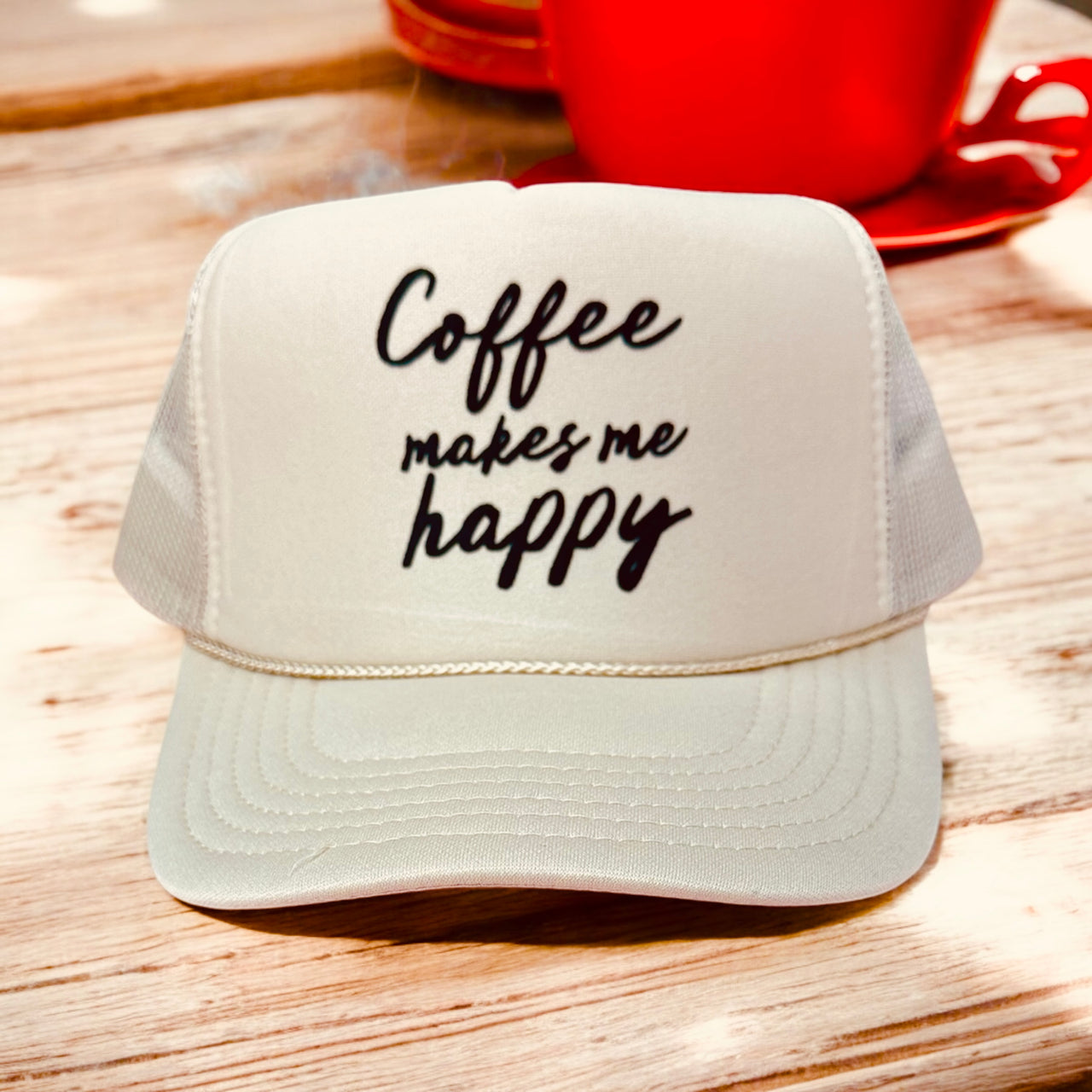 'Coffee makes me happy' Khaki Trucker Hat