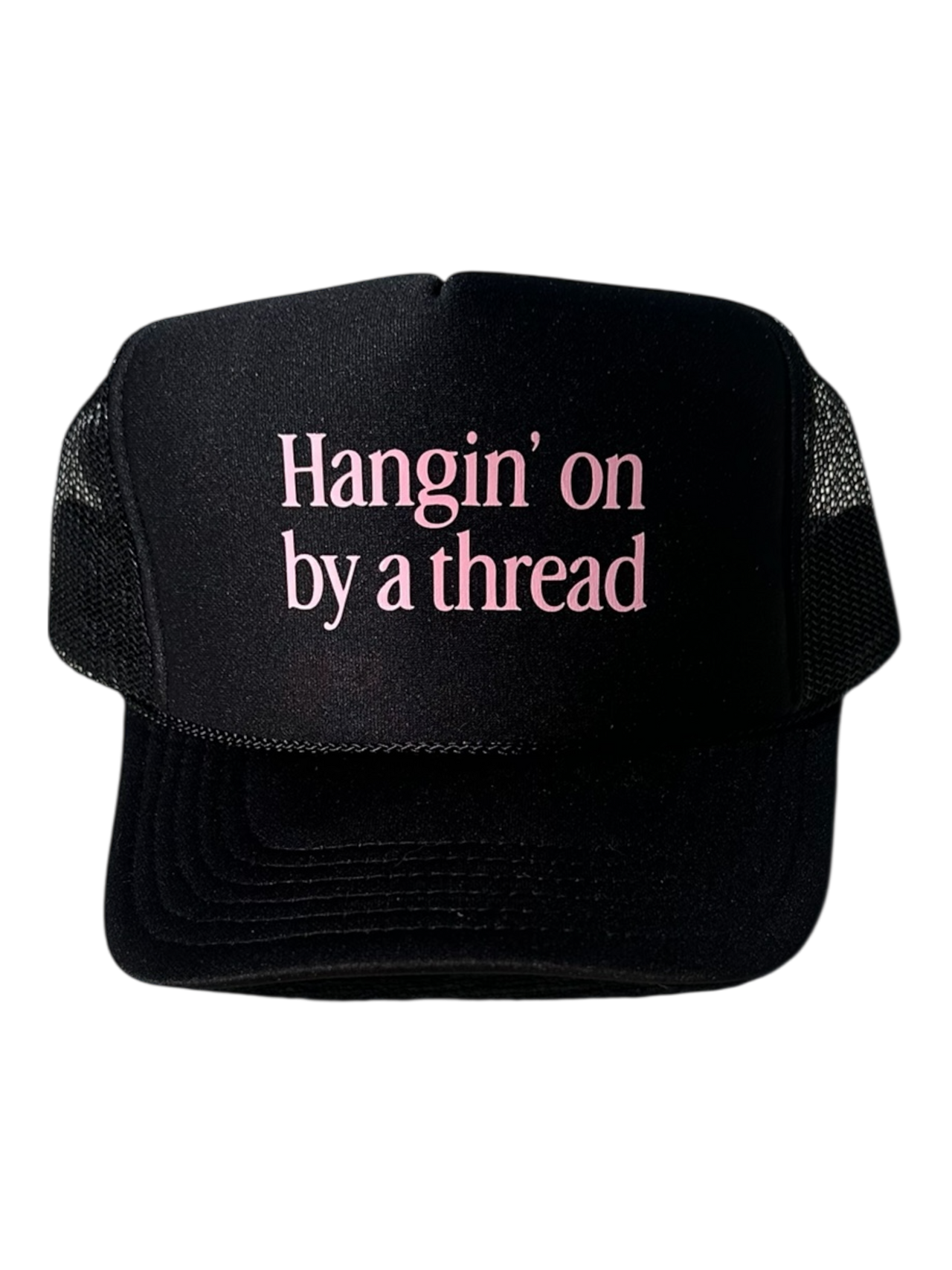 Hangin' on by a thread (pink) - Black Trucker Hat