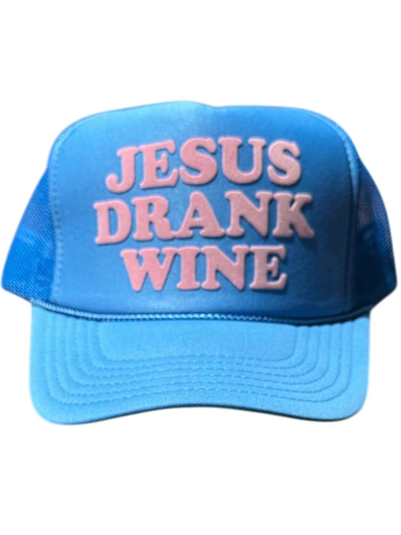 Jesus Drank Wine (Pink) - Columbia Blue Trucker Hat