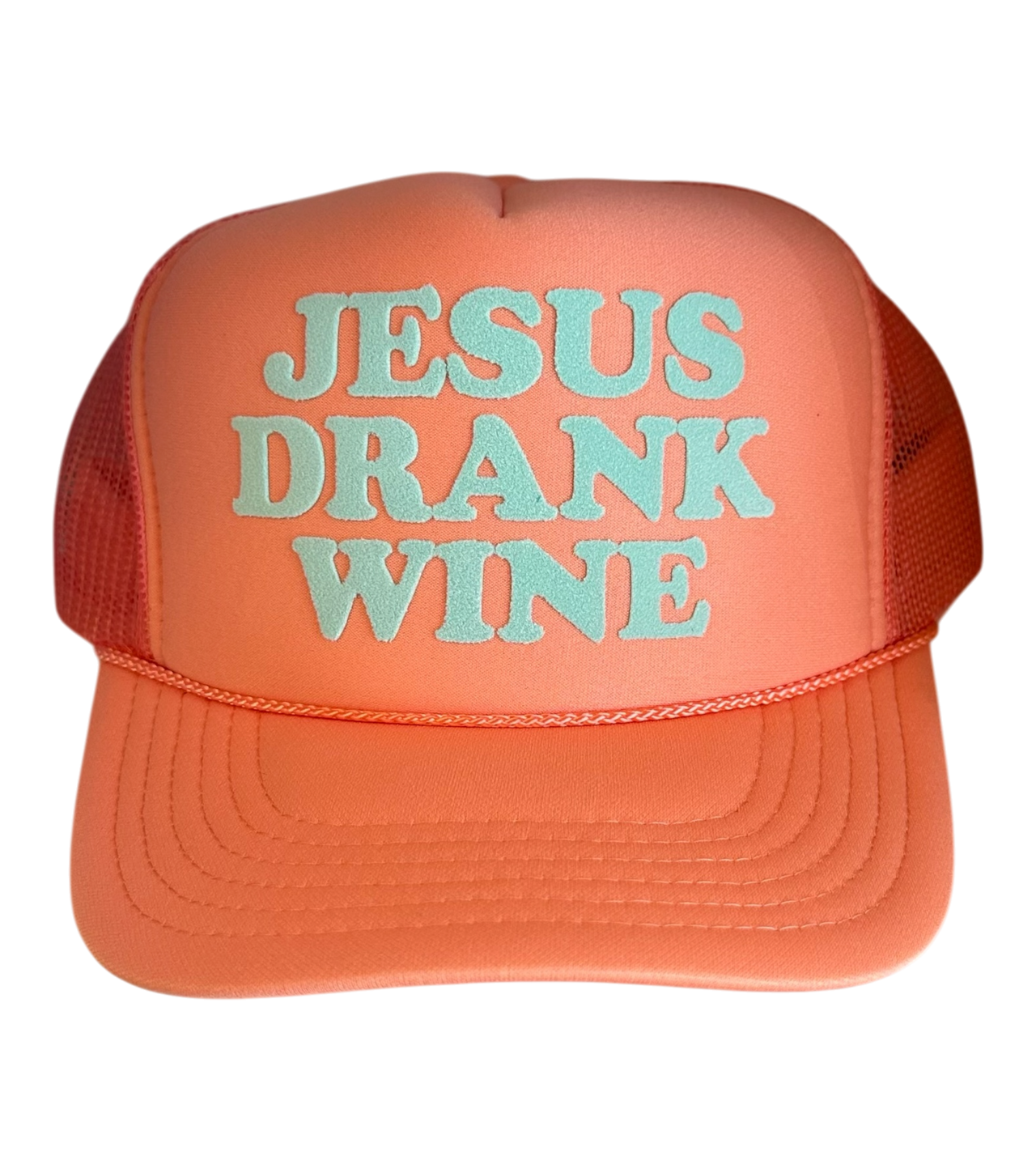 Jesus Drank Wine (Mint) - Coral Trucker Hat