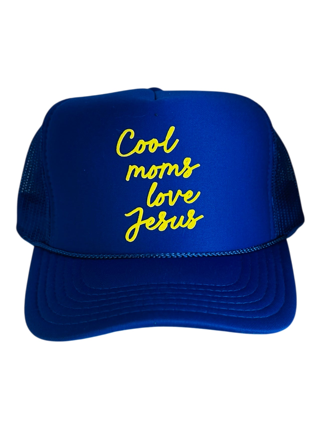 Cool moms love Jesus (yellow) - Royal Blue Trucker Hat