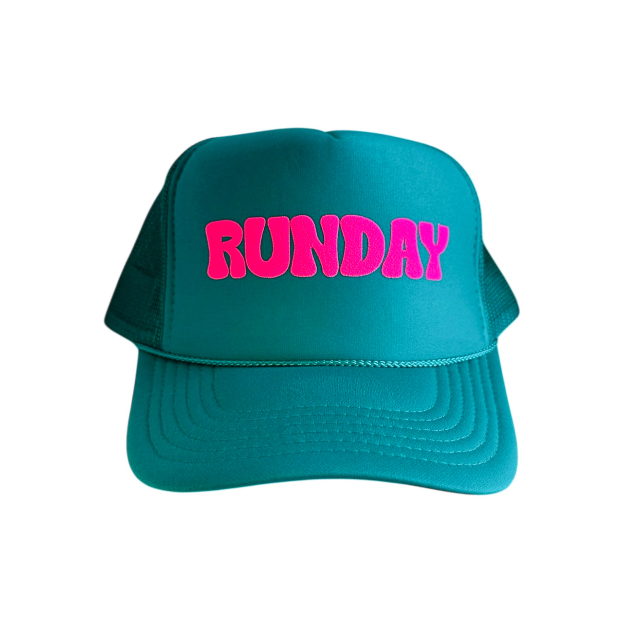 RUNDAY (neon pink) - Teal Trucker Hat