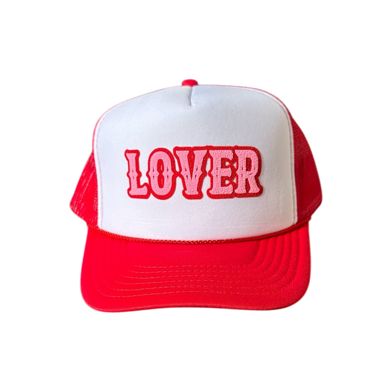 LOVER (double puff) - White/Red Trucker Hat