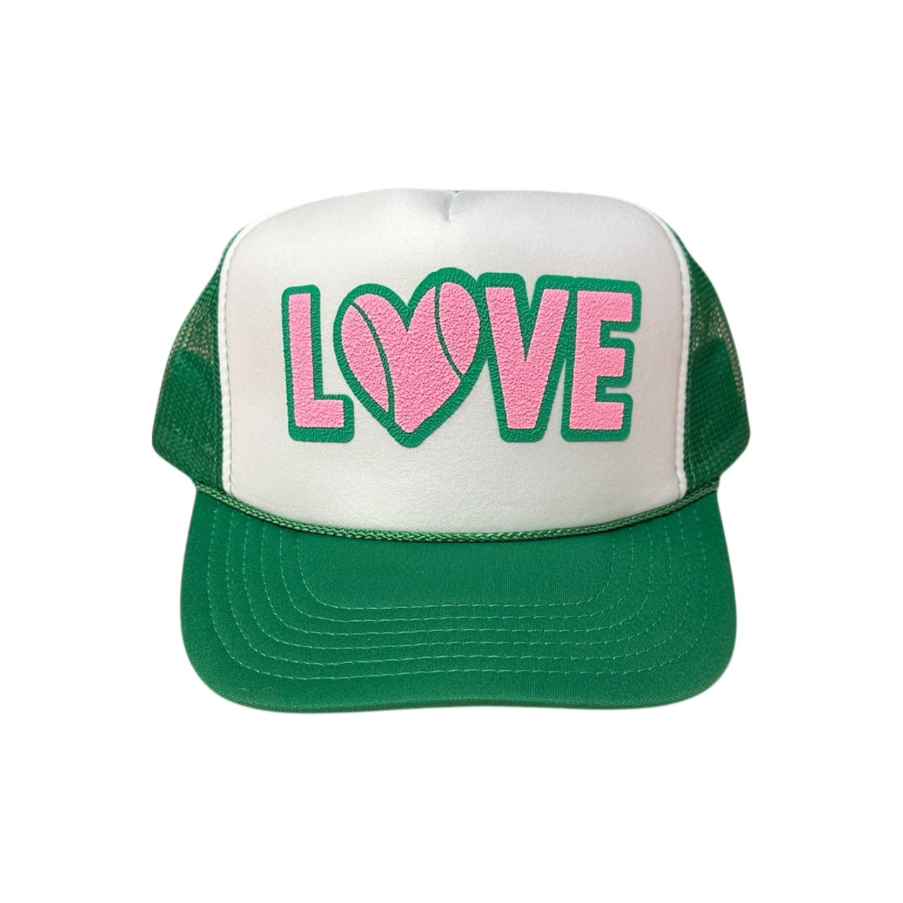 LOVE (tennis-double puff) - White/Green Trucker Hat