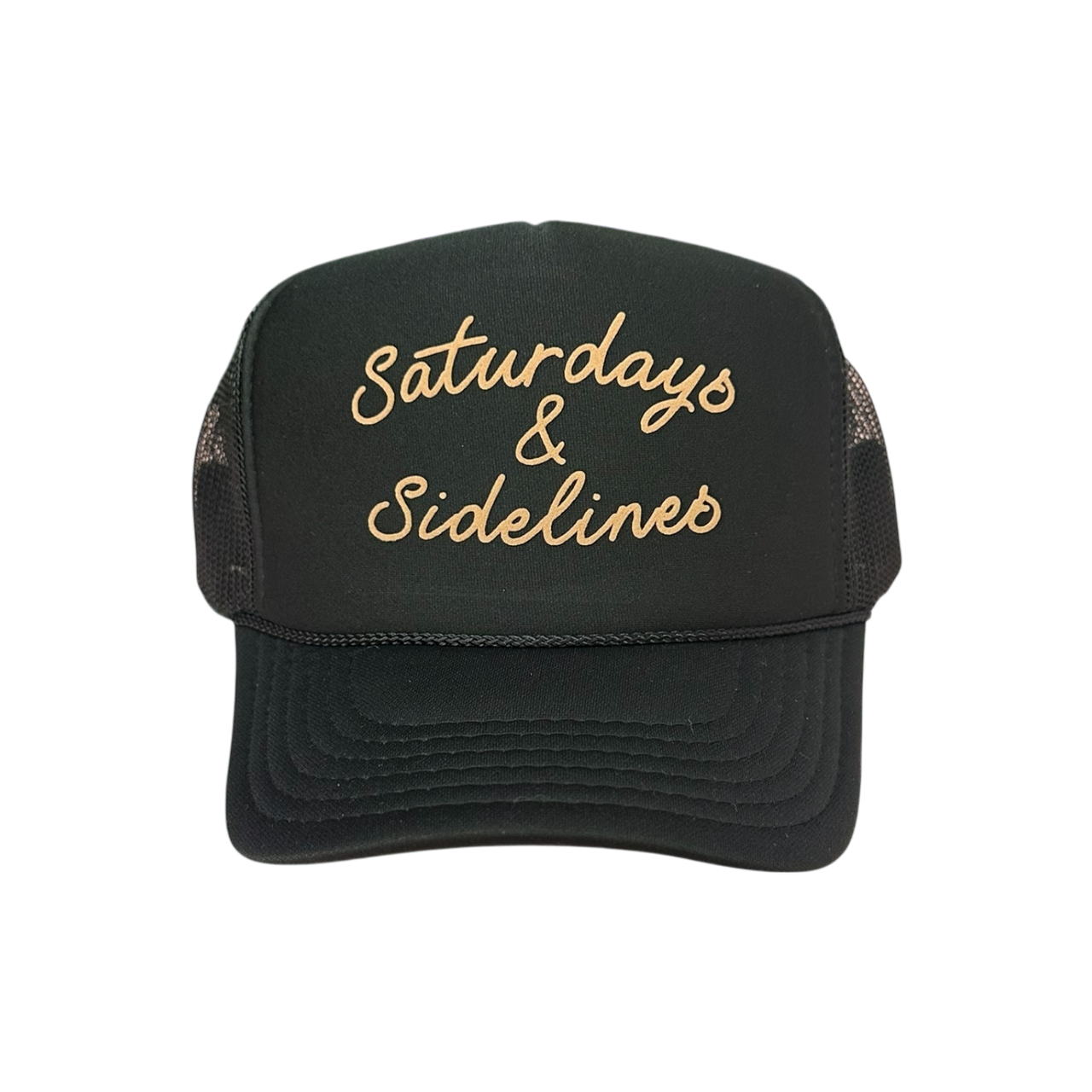 'Saturdays & Sidelines' (tan) - Black Trucker Hat