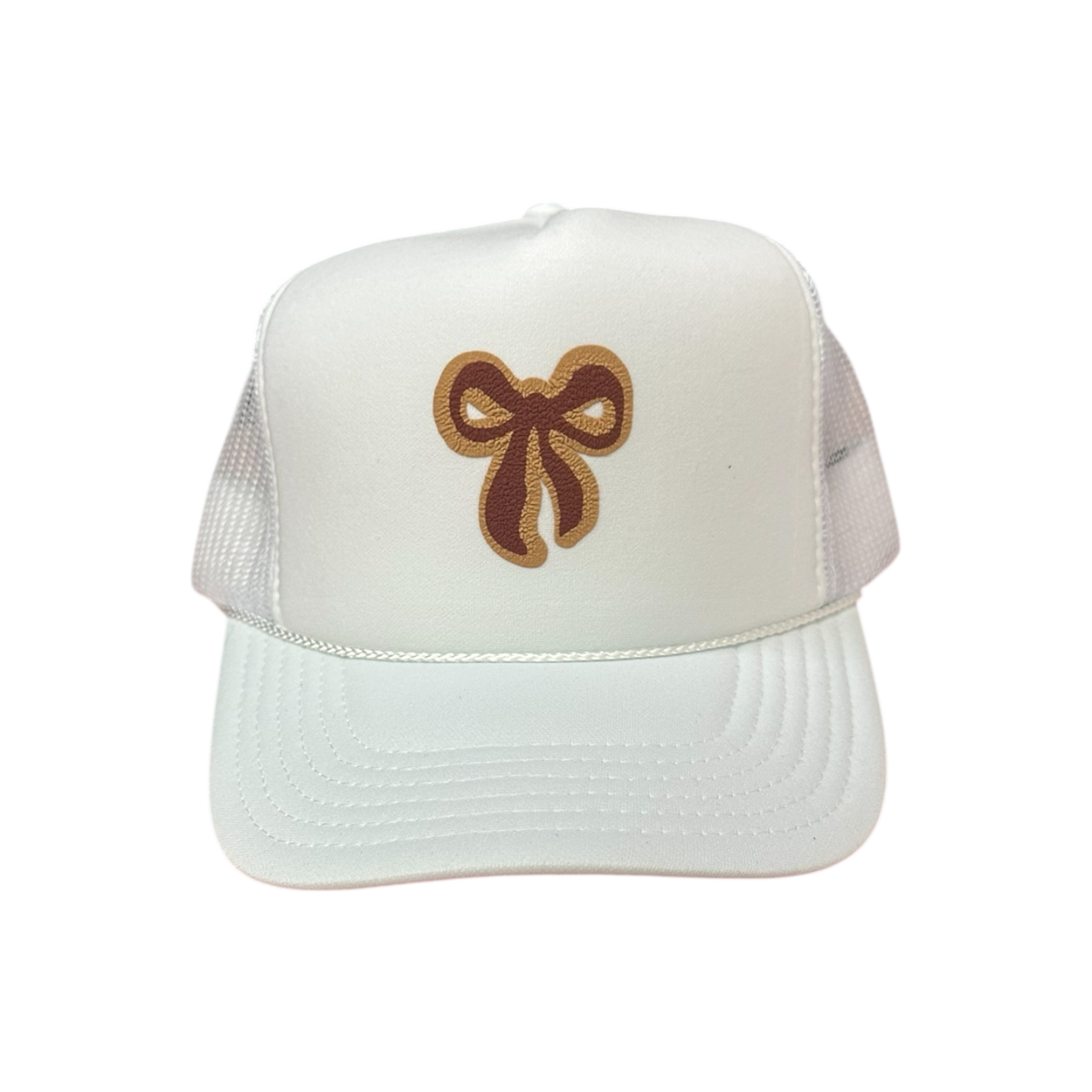 Bow -garnet/tan (double puff) - White Trucker Hat