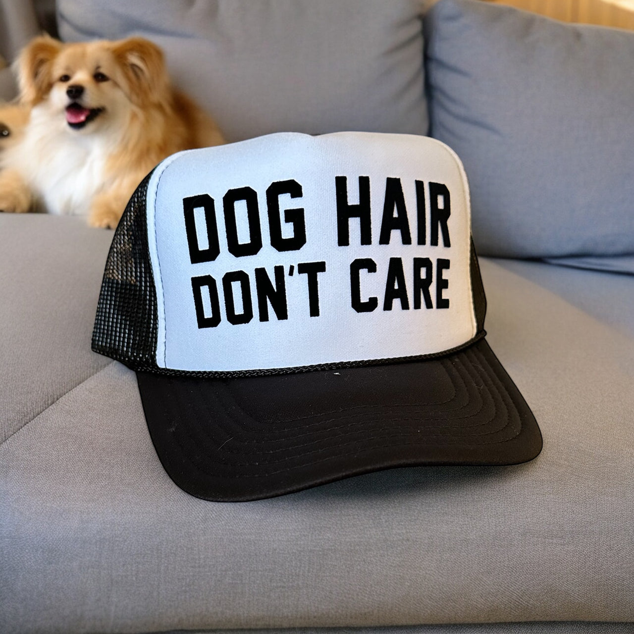 'Dog Hair Don't Care' White/Black Trucker Hat