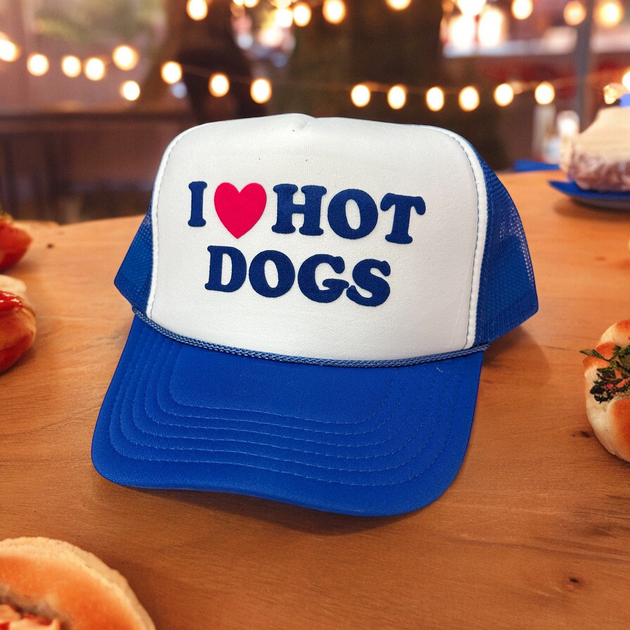 'I Love Hot Dogs' White/Royal Blue Trucker Hat