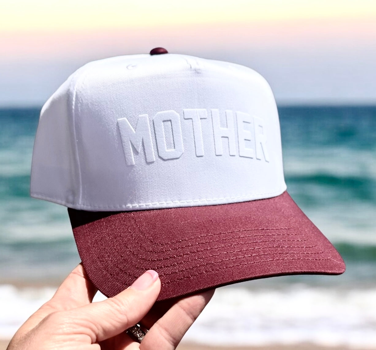 MOTHER (White) - Tonal White/Maroon Baseball Cap