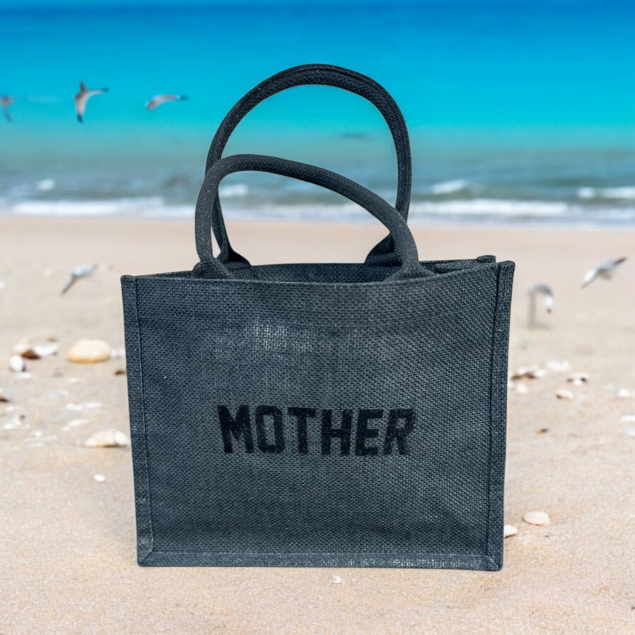 MOTHER Black Burlap Tote Bag