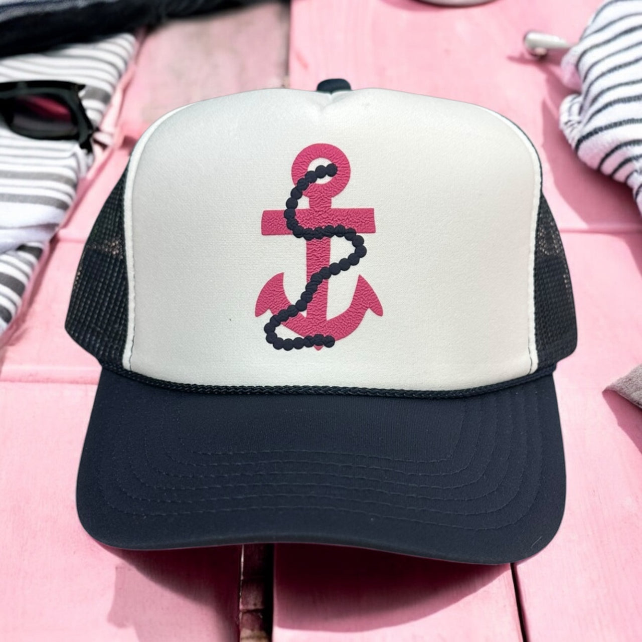 Anchor (Pink/Navy) - White/Navy Trucker Hat