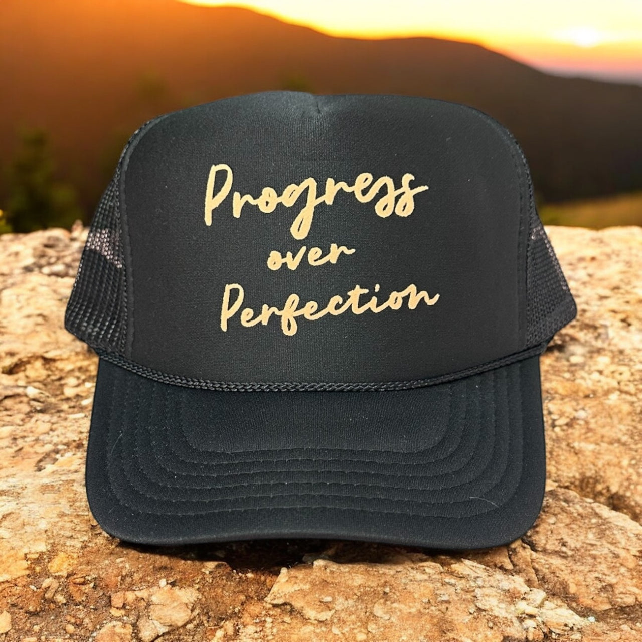 Progress over Perfection - Black Trucker Hat