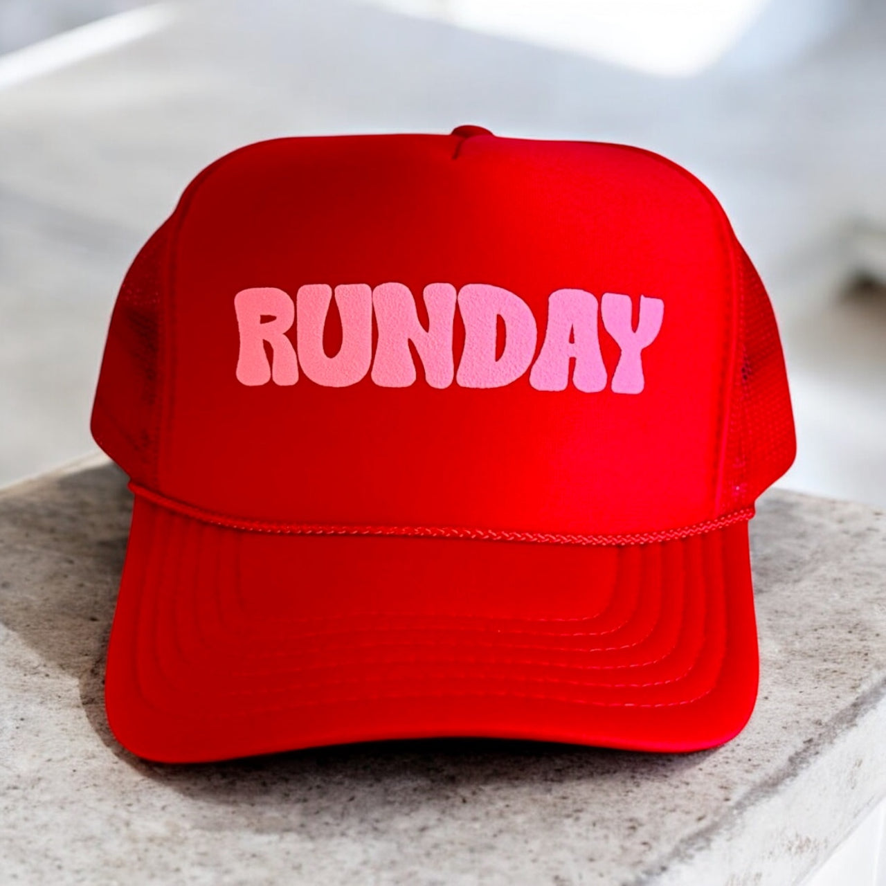 RUNDAY (light pink) - Red Trucker Hat