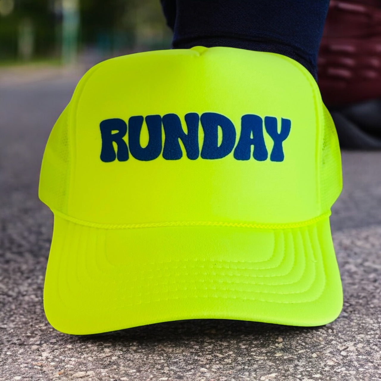 RUNDAY (blue) - Neon Yellow Trucker Hat