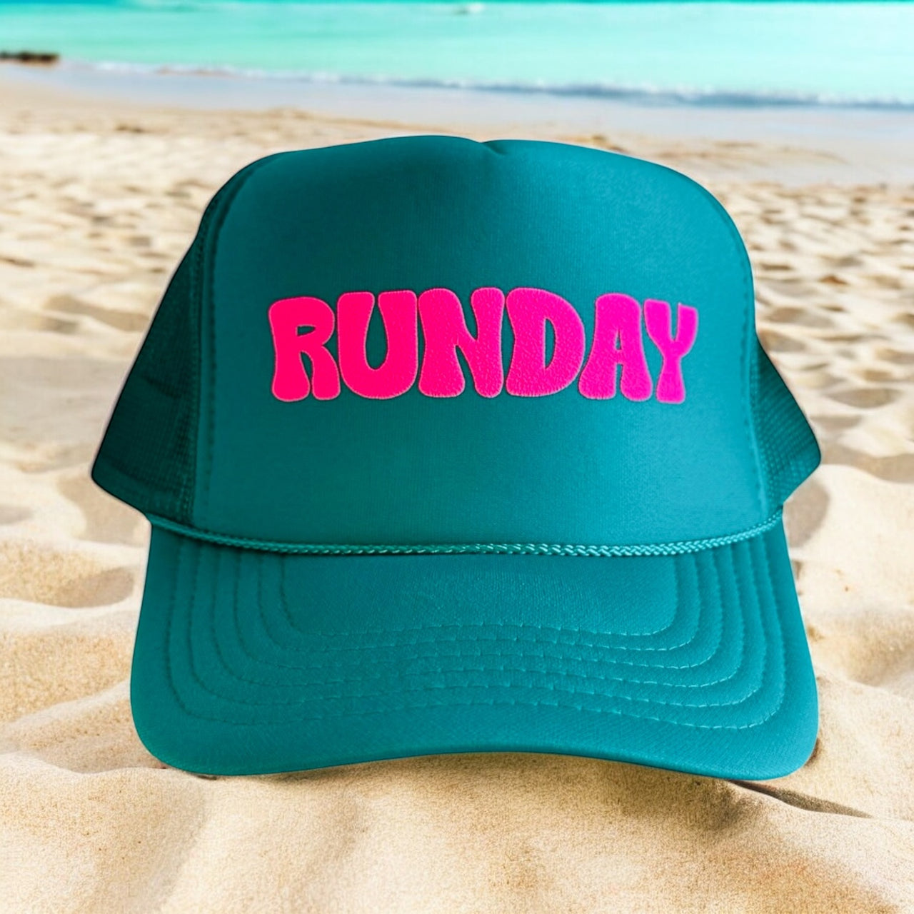 RUNDAY (neon pink) - Teal Trucker Hat