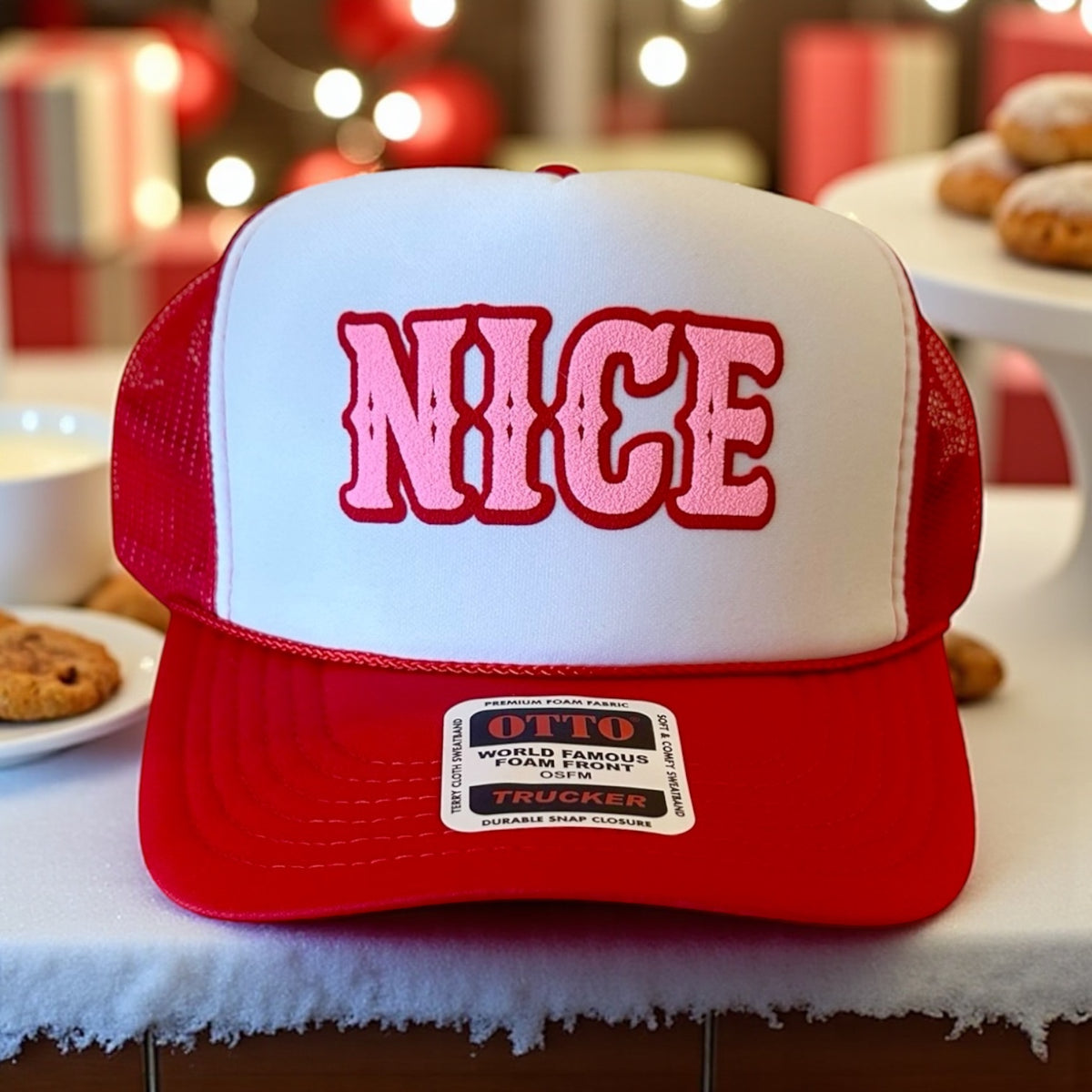 NICE (double puff) - Red/White Trucker Hat
