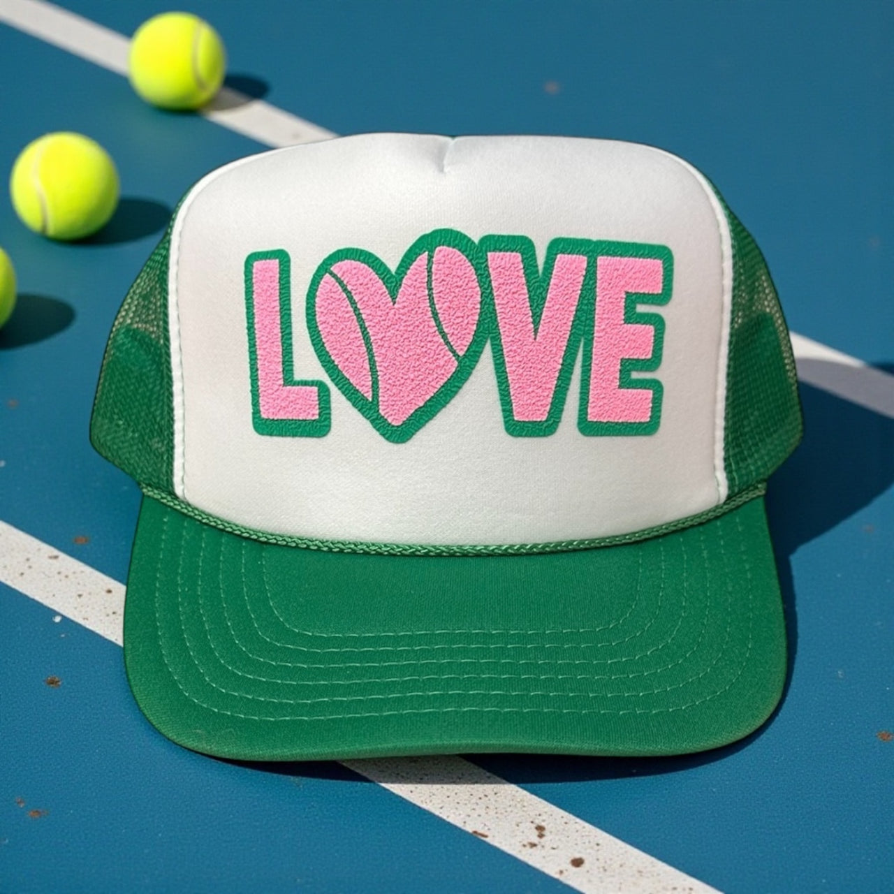 LOVE (tennis-double puff) - White/Green Trucker Hat
