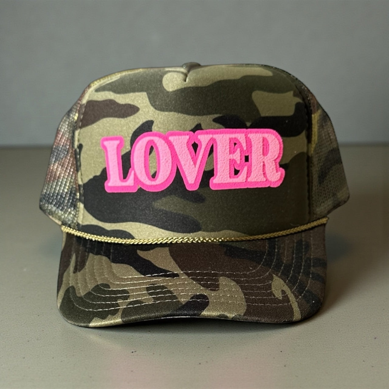 LOVER (double puff) - Camo Trucker Hat
