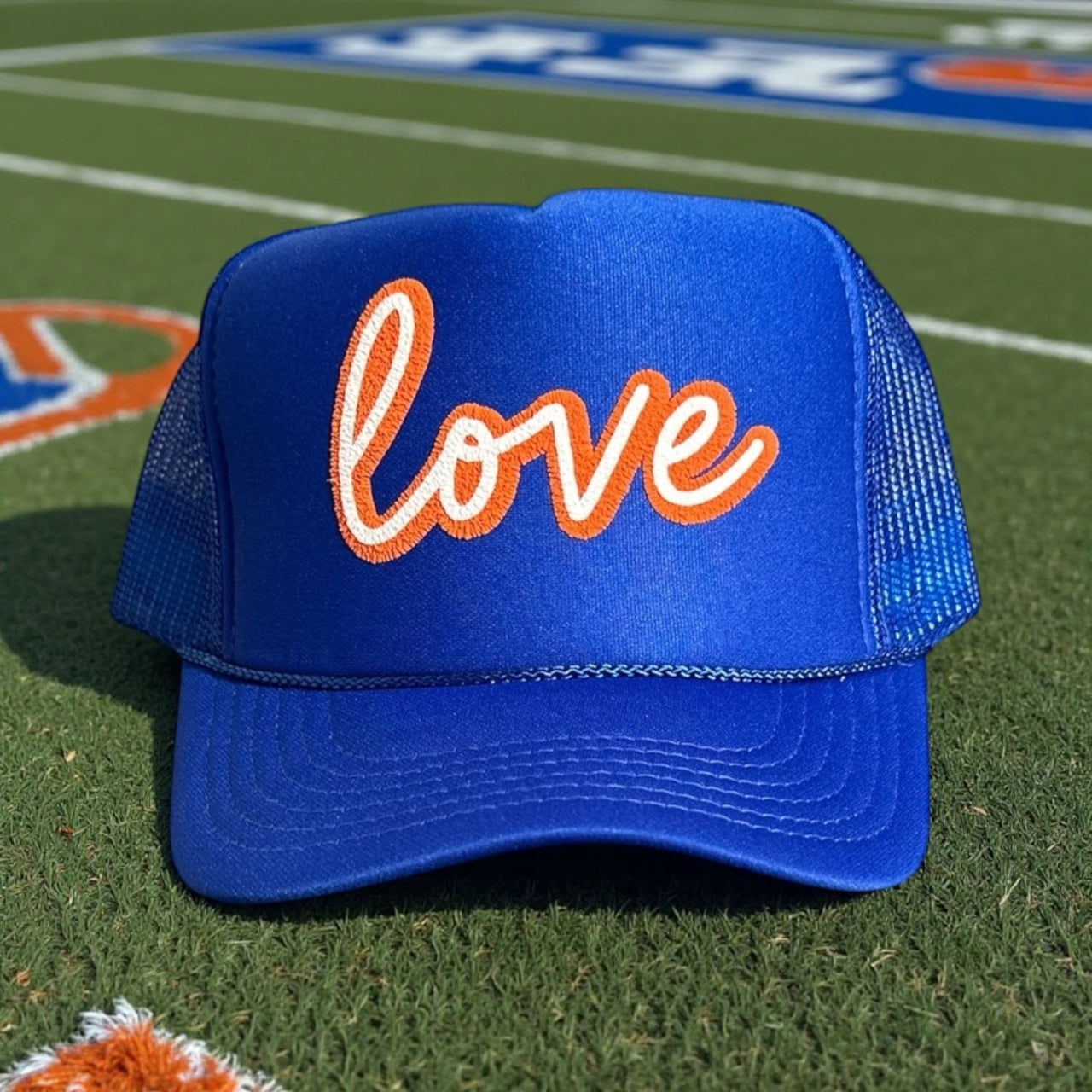 Love (double puff) - Royal Blue Trucker Hat