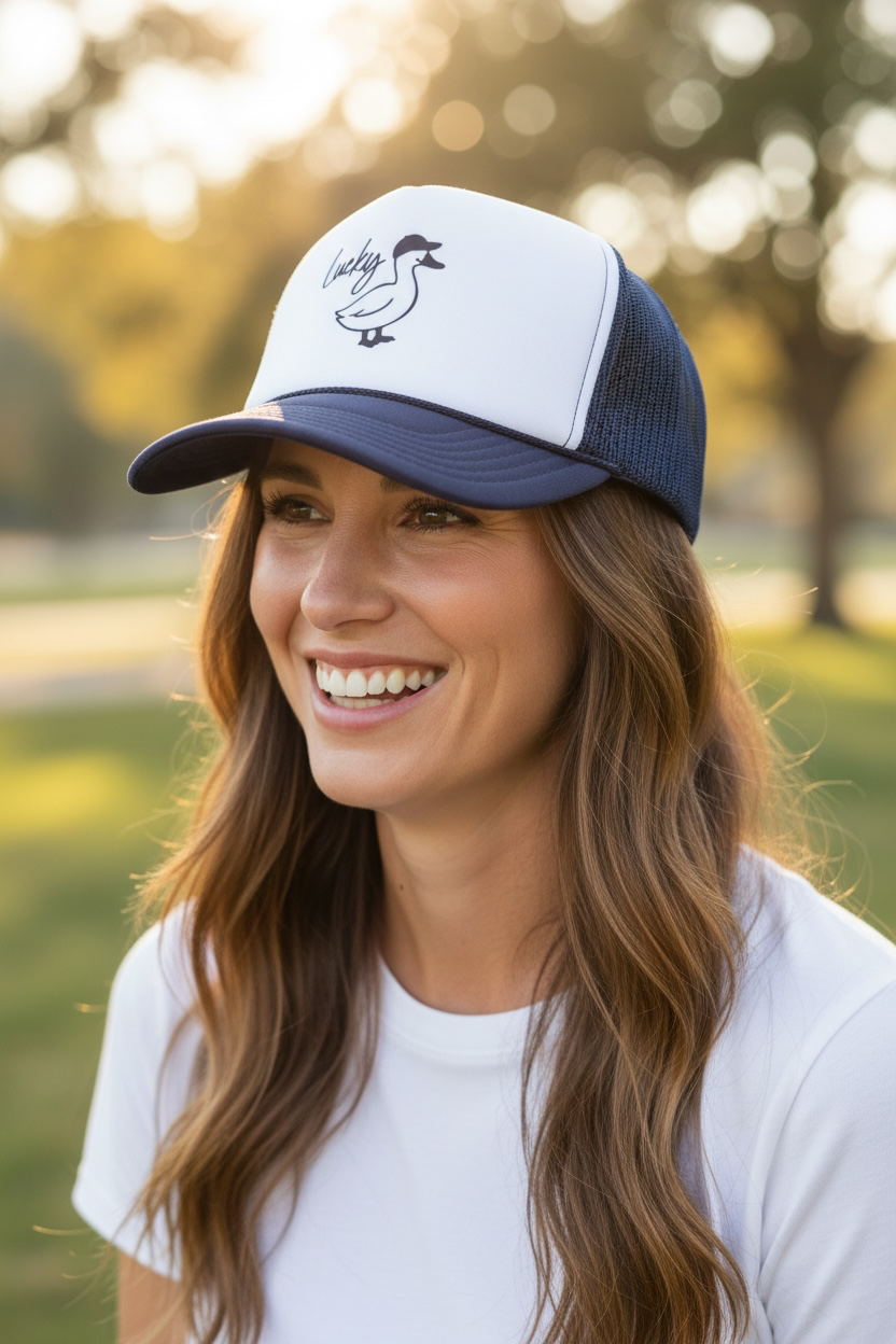 Lucky Duck - White/Navy Trucker Hat